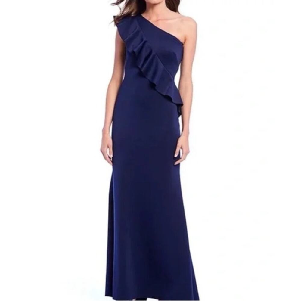 Jessica Howard Navy One Shoulder Ruffle Maxi Gown Formal Wedding Size 14
